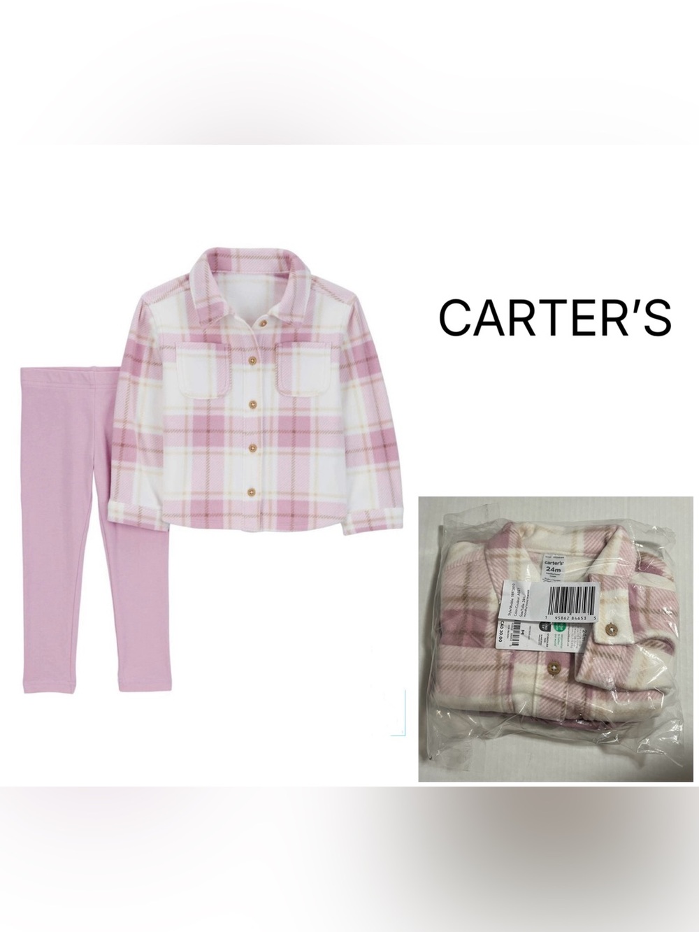 CARTER’S - 24M - NWT - INFANT GIRLS 2PC PINK PLAID BUTTON UP FLEECE SHACKET SET